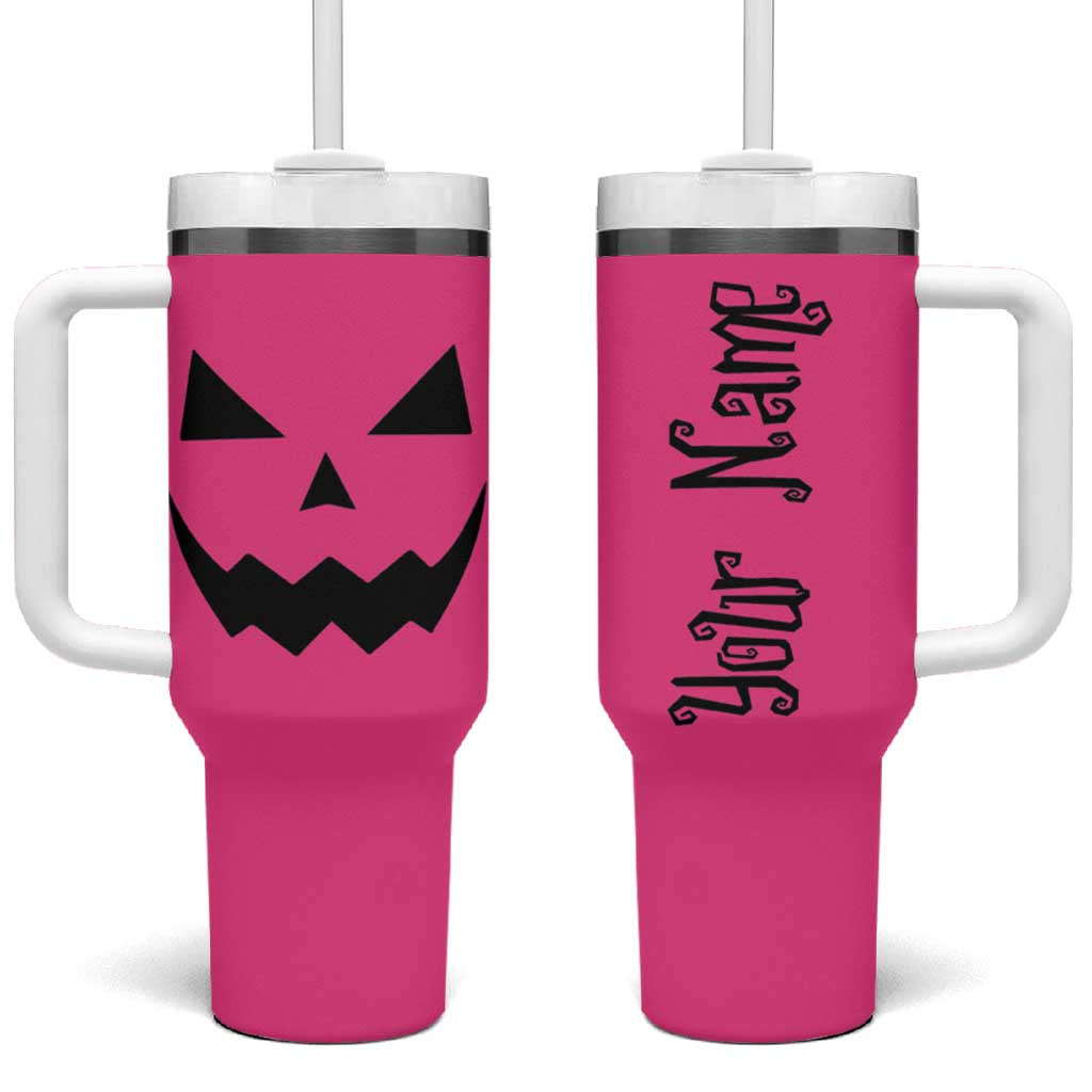 Personalized Halloween Pumpkin Face Tumbler With Handle Custom Name Travel Coffee Cup Pink - Wonder Print Shop