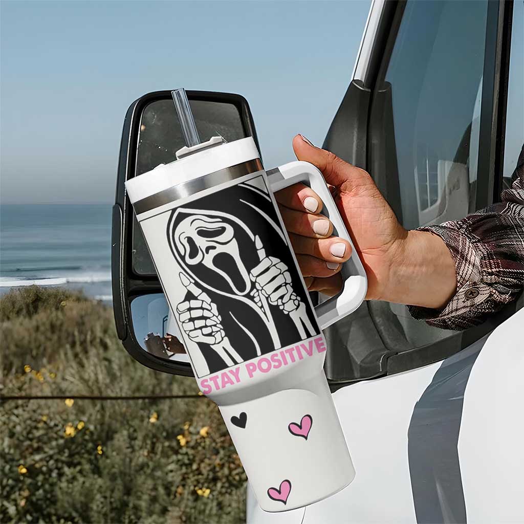 Funny Halloween Grim Reaper Tumbler With Handle Stay Positive Inspirational Quotes - Wonder Print Shop