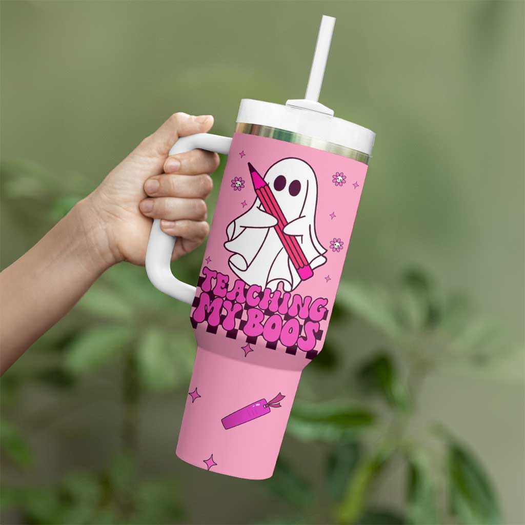 Personalized Halloween Teacher Gift Tumbler With Handle Custom Name Funny Ghost Teaching My Boos - Wonder Print Shop