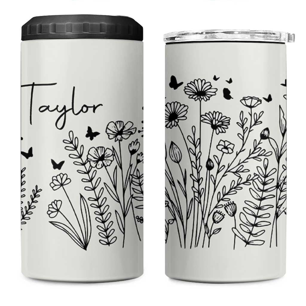 Personalized Wildflower 4 in 1 Can Cooler Tumbler Custom Name Custom Name Gift For Women Butterflies Floral