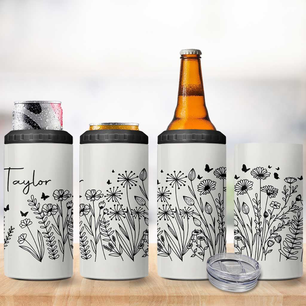 Personalized Wildflower 4 in 1 Can Cooler Tumbler Custom Name Custom Name Gift For Women Butterflies Floral