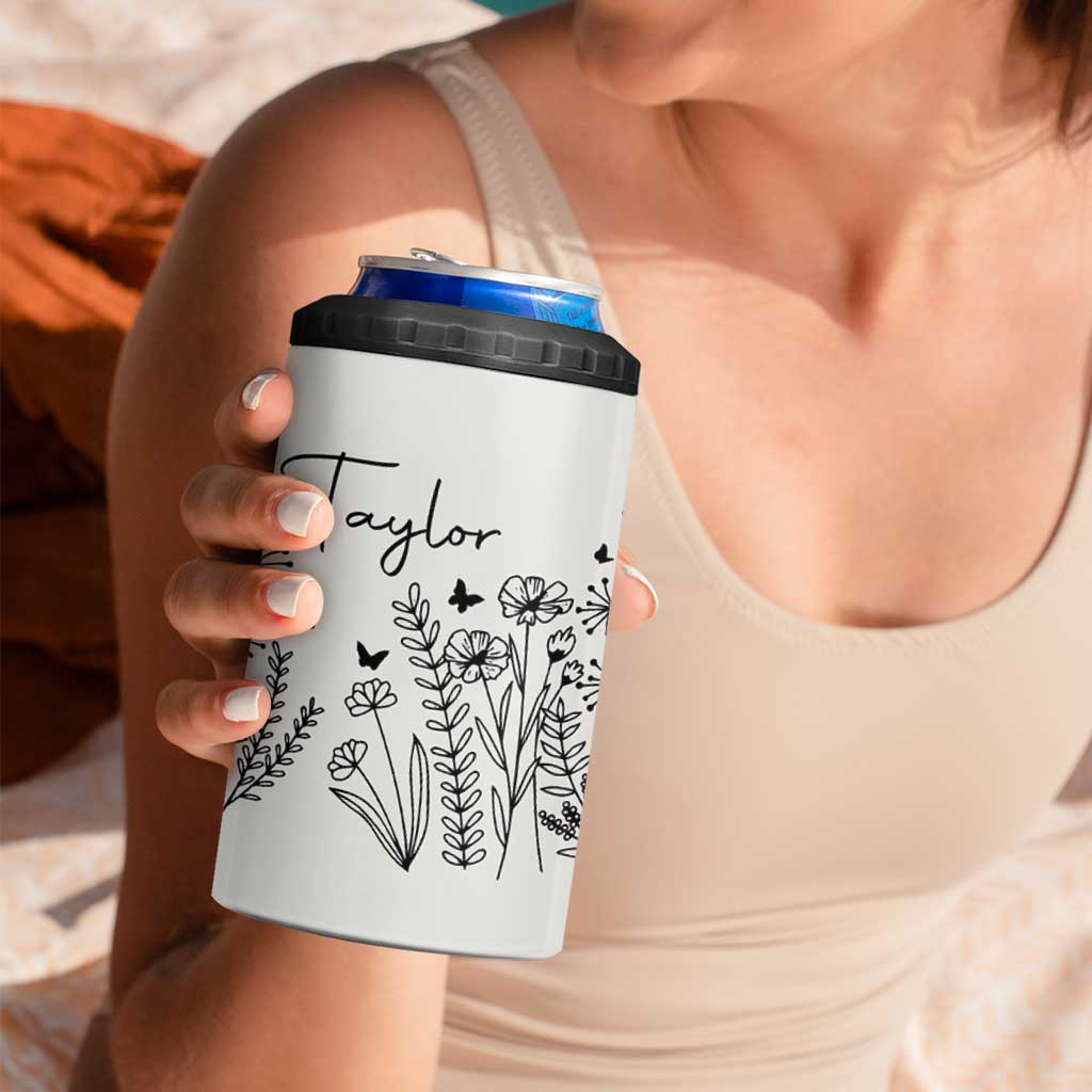 Personalized Wildflower 4 in 1 Can Cooler Tumbler Custom Name Custom Name Gift For Women Butterflies Floral