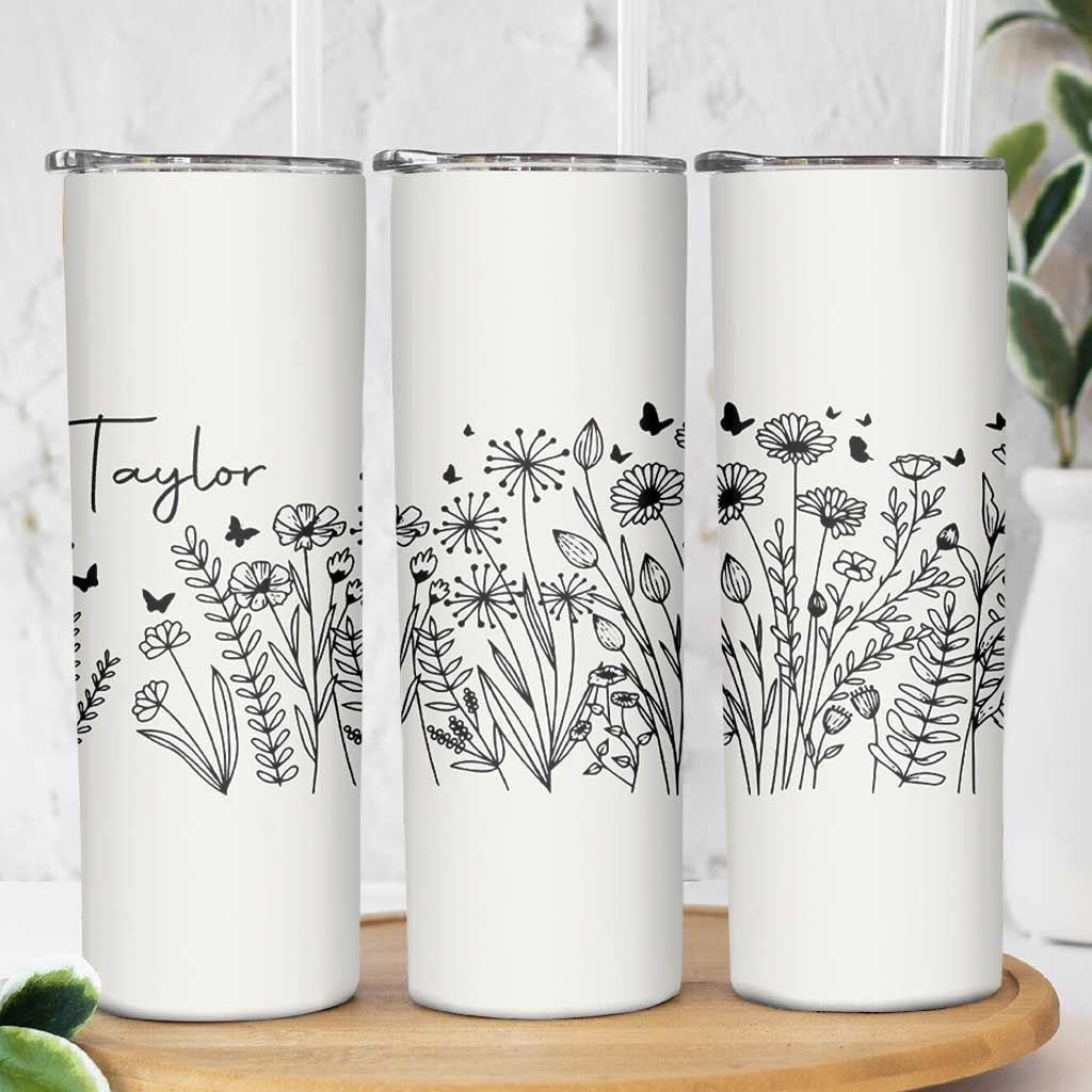 Personalized Wildflower Skinny Tumbler Custom Name Custom Name Gift For Women Butterflies Floral