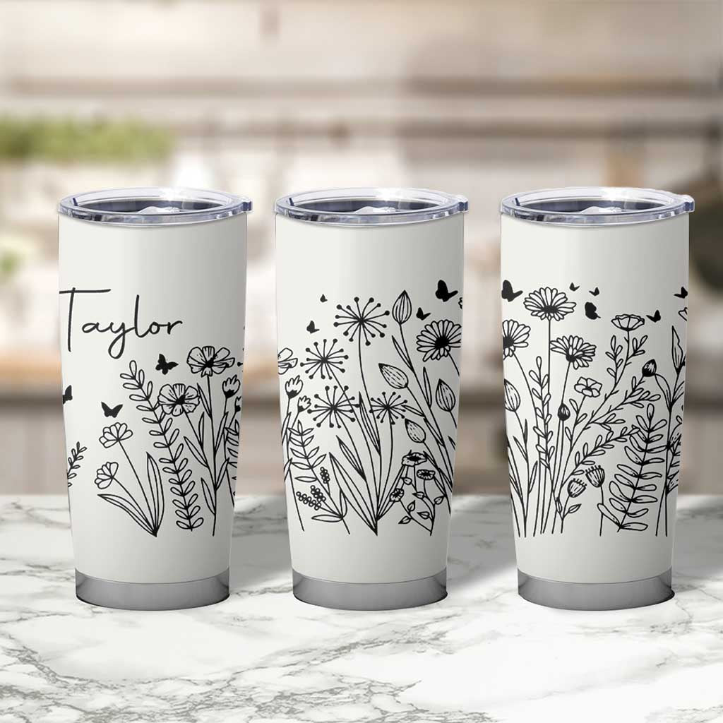Personalized Wildflower Tumbler Cup Custom Name Custom Name Gift For Women Butterflies Floral