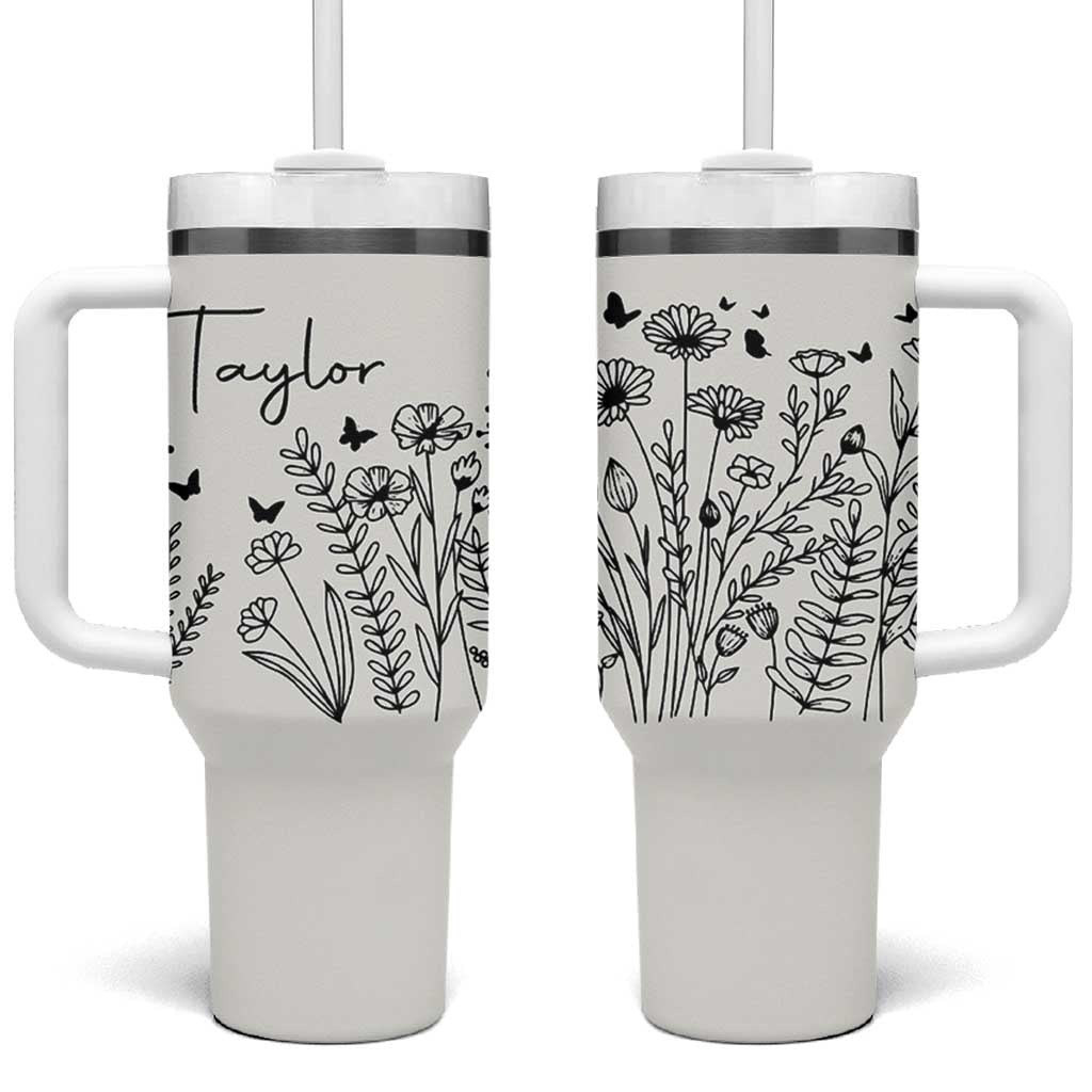 Personalized Wildflower Tumbler With Handle Custom Name Custom Name Gift For Women Butterflies Floral