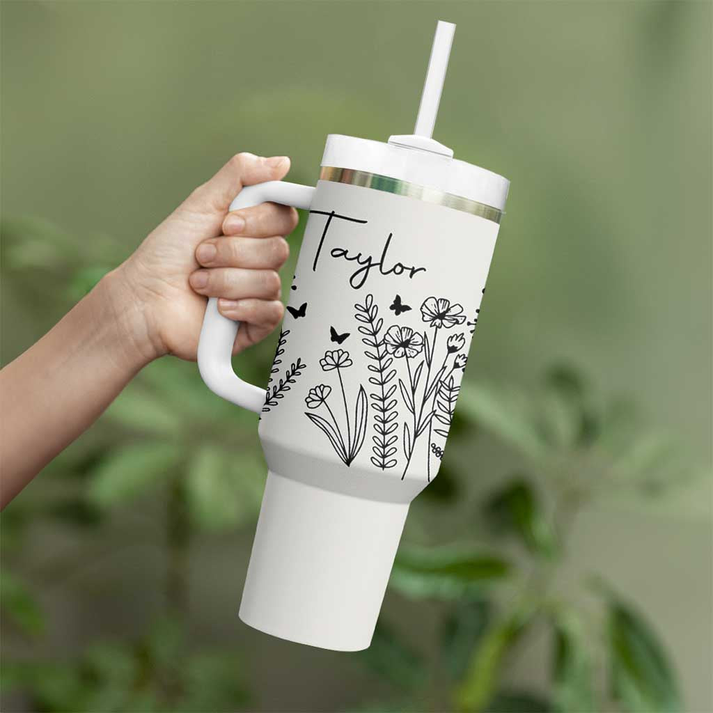 Personalized Wildflower Tumbler With Handle Custom Name Custom Name Gift For Women Butterflies Floral