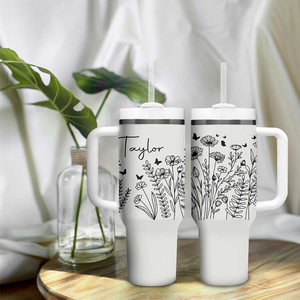 Personalized Wildflower Tumbler With Handle Custom Name Custom Name Gift For Women Butterflies Floral