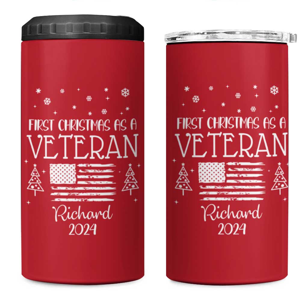 Personalized First Christmas Veteran 4 in 1 Can Cooler Tumbler Custom Name Military Retirement Gift American Flag Red - Wonder Print Shop