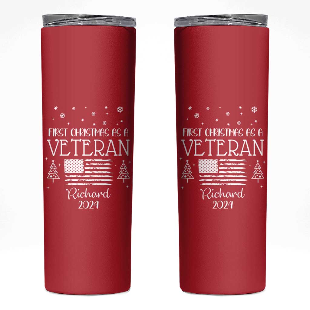 Personalized First Christmas Veteran Skinny Tumbler Custom Name Military Retirement Gift American Flag Red - Wonder Print Shop