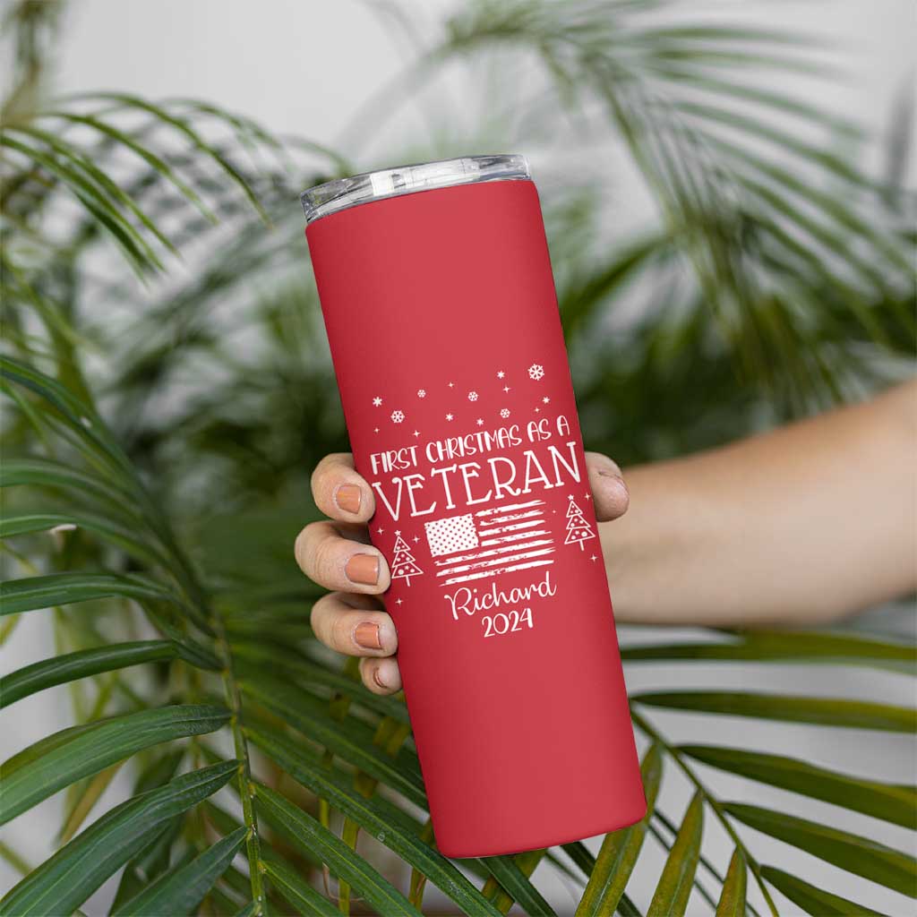 Personalized First Christmas Veteran Skinny Tumbler Custom Name Military Retirement Gift American Flag Red - Wonder Print Shop