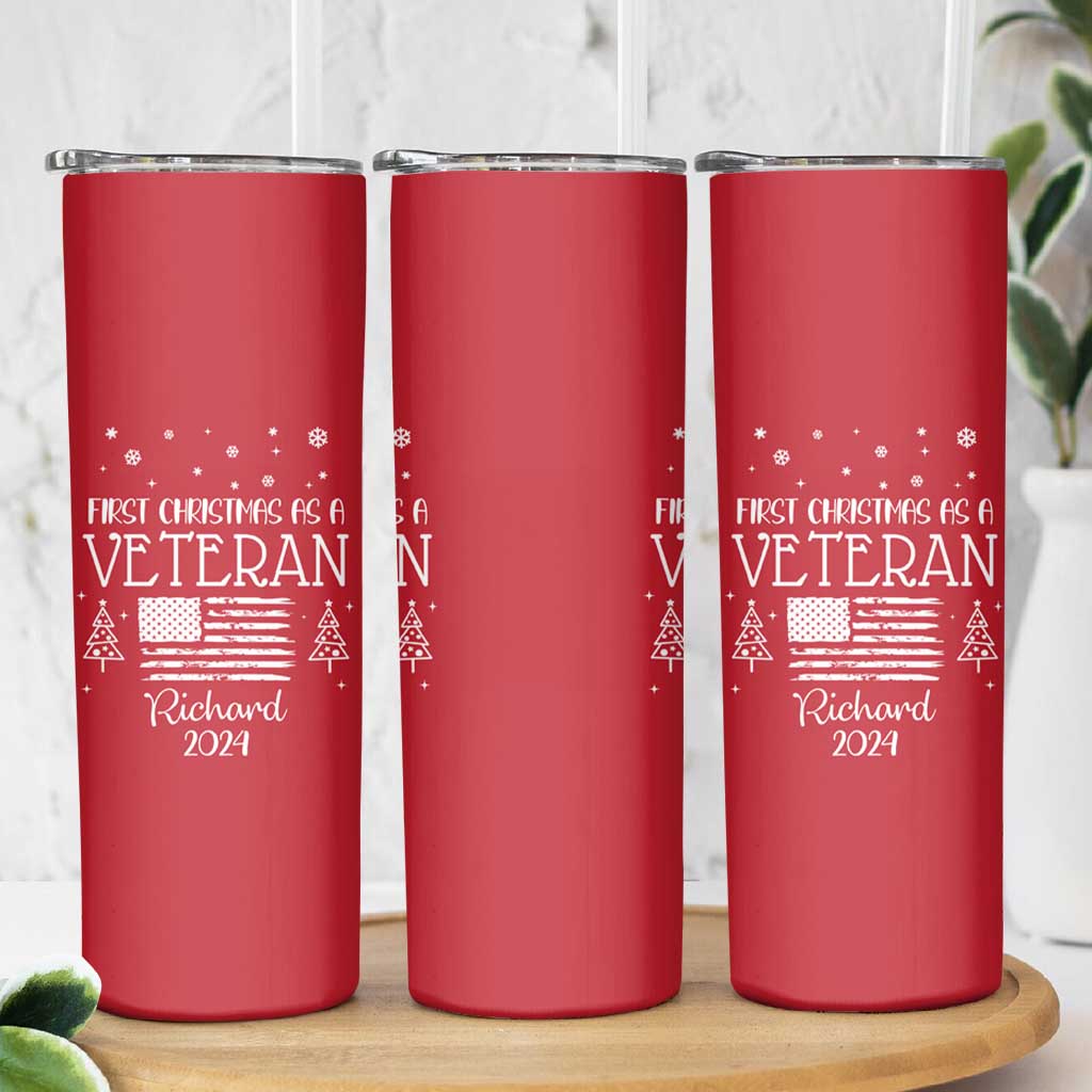 Personalized First Christmas Veteran Skinny Tumbler Custom Name Military Retirement Gift American Flag Red - Wonder Print Shop