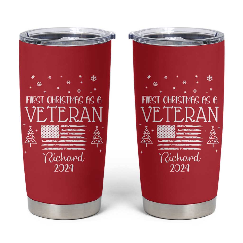 Personalized First Christmas Veteran Tumbler Cup Custom Name Military Retirement Gift American Flag Red - Wonder Print Shop