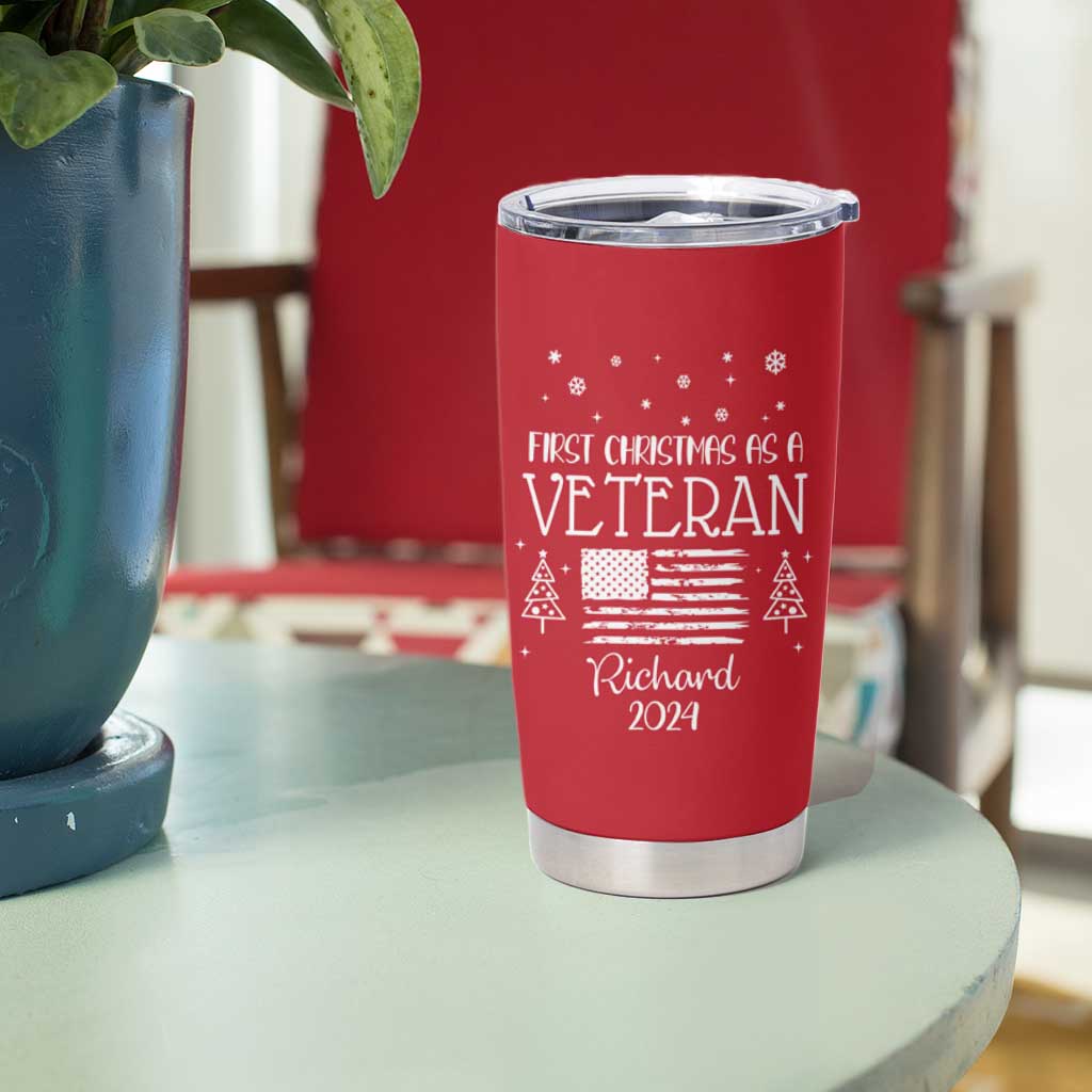 Personalized First Christmas Veteran Tumbler Cup Custom Name Military Retirement Gift American Flag Red - Wonder Print Shop