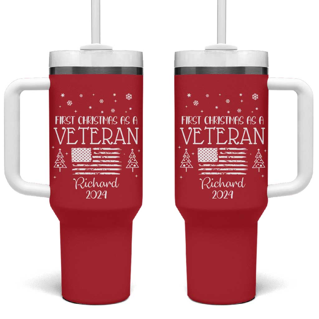 Personalized First Christmas Veteran Tumbler With Handle Custom Name Military Retirement Gift American Flag Red - Wonder Print Shop