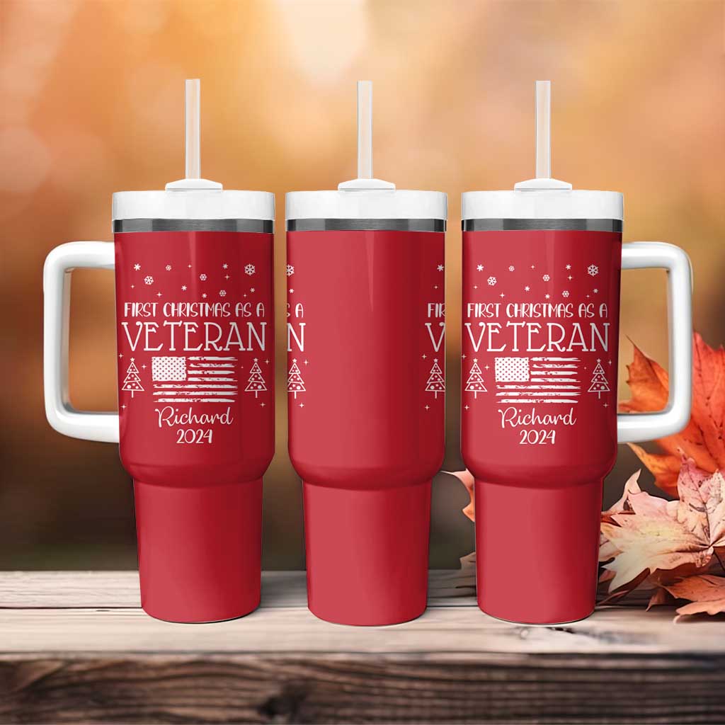 Personalized First Christmas Veteran Tumbler With Handle Custom Name Military Retirement Gift American Flag Red - Wonder Print Shop