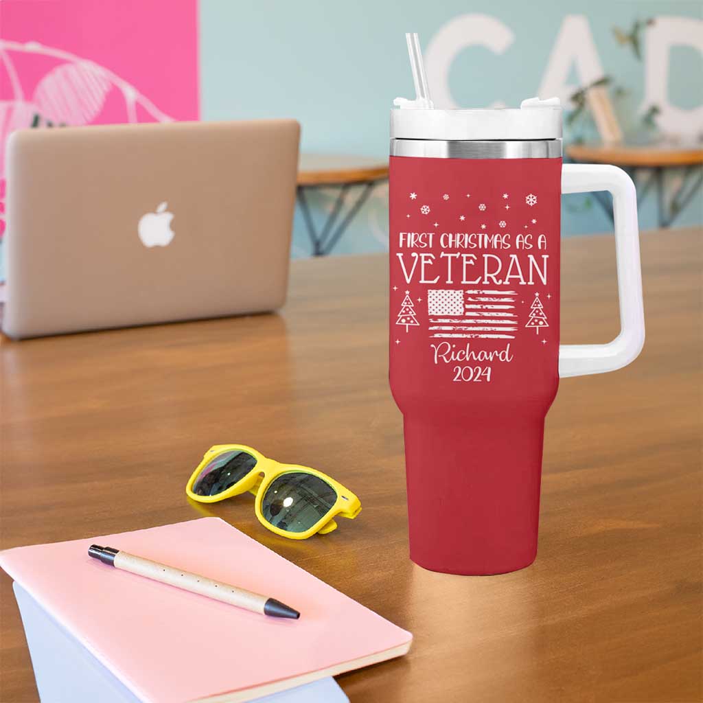 Personalized First Christmas Veteran Tumbler With Handle Custom Name Military Retirement Gift American Flag Red - Wonder Print Shop