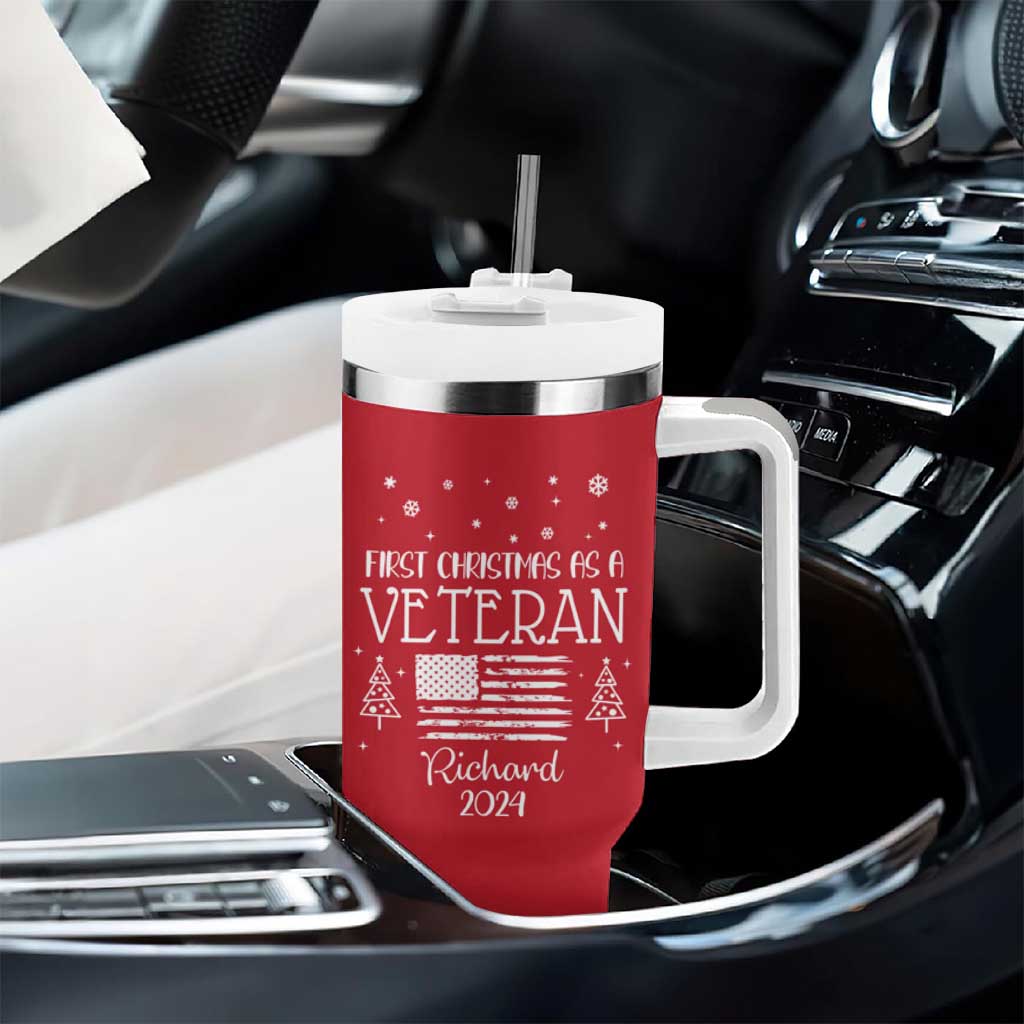 Personalized First Christmas Veteran Tumbler With Handle Custom Name Military Retirement Gift American Flag Red - Wonder Print Shop