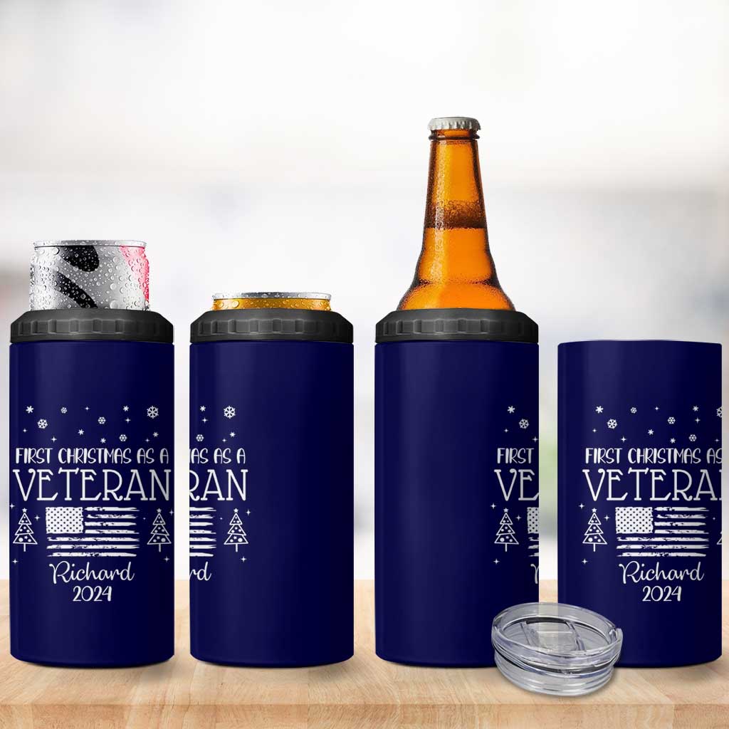 Personalized First Christmas Veteran 4 in 1 Can Cooler Tumbler Custom Name Military Retirement Gift American Flag Navy - Wonder Print Shop