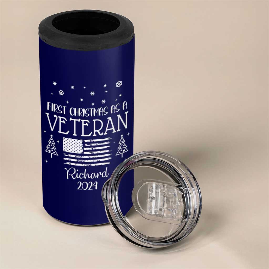 Personalized First Christmas Veteran 4 in 1 Can Cooler Tumbler Custom Name Military Retirement Gift American Flag Navy - Wonder Print Shop