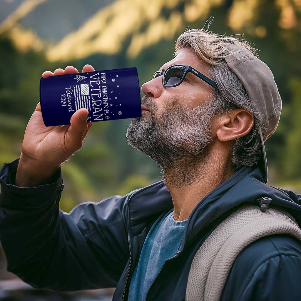 Personalized First Christmas Veteran 4 in 1 Can Cooler Tumbler Custom Name Military Retirement Gift American Flag Navy - Wonder Print Shop