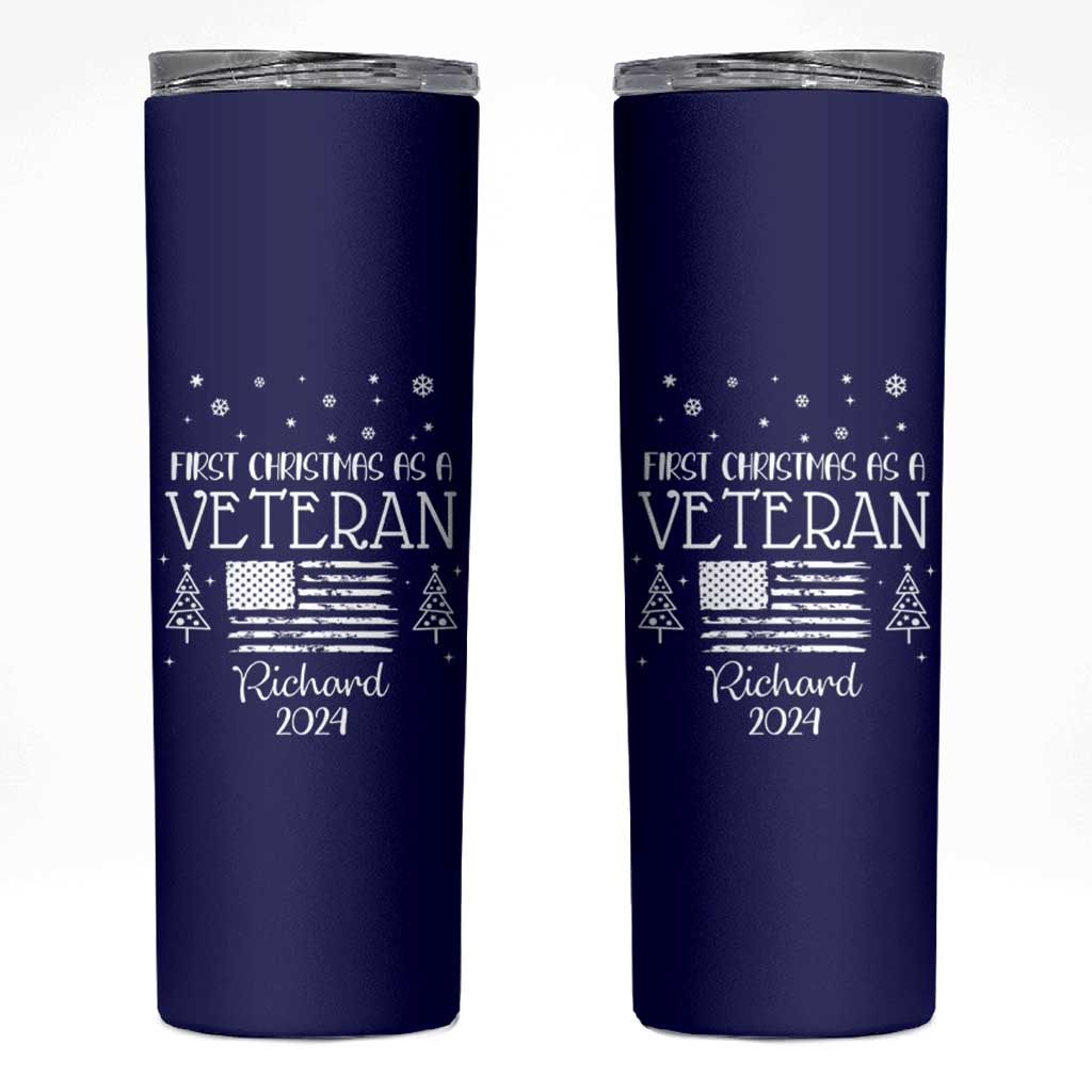 Personalized First Christmas Veteran Skinny Tumbler Custom Name Military Retirement Gift American Flag Navy - Wonder Print Shop