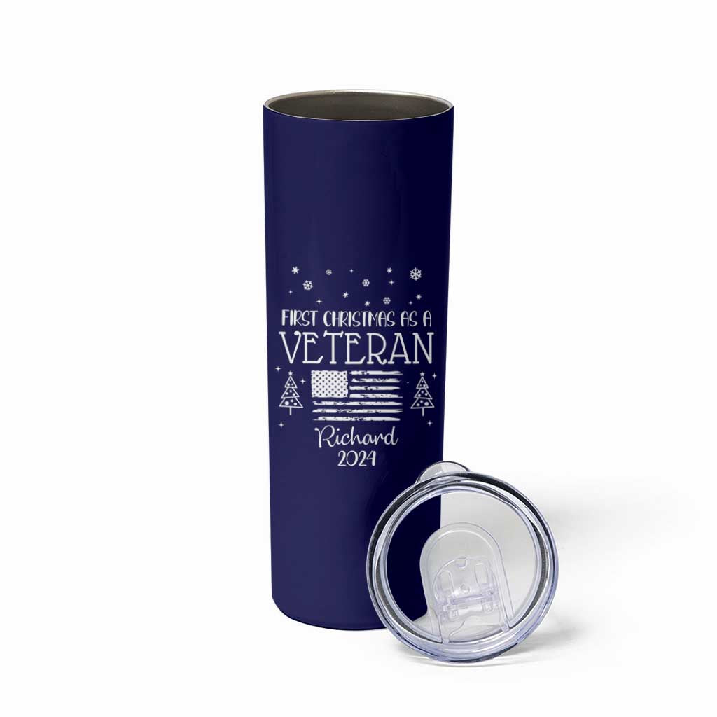 Personalized First Christmas Veteran Skinny Tumbler Custom Name Military Retirement Gift American Flag Navy - Wonder Print Shop