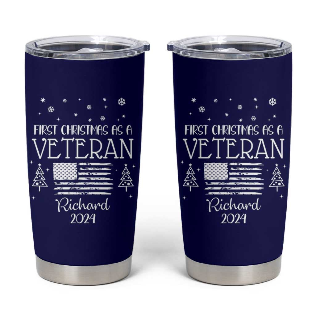 Personalized First Christmas Veteran Tumbler Cup Custom Name Military Retirement Gift American Flag Navy - Wonder Print Shop