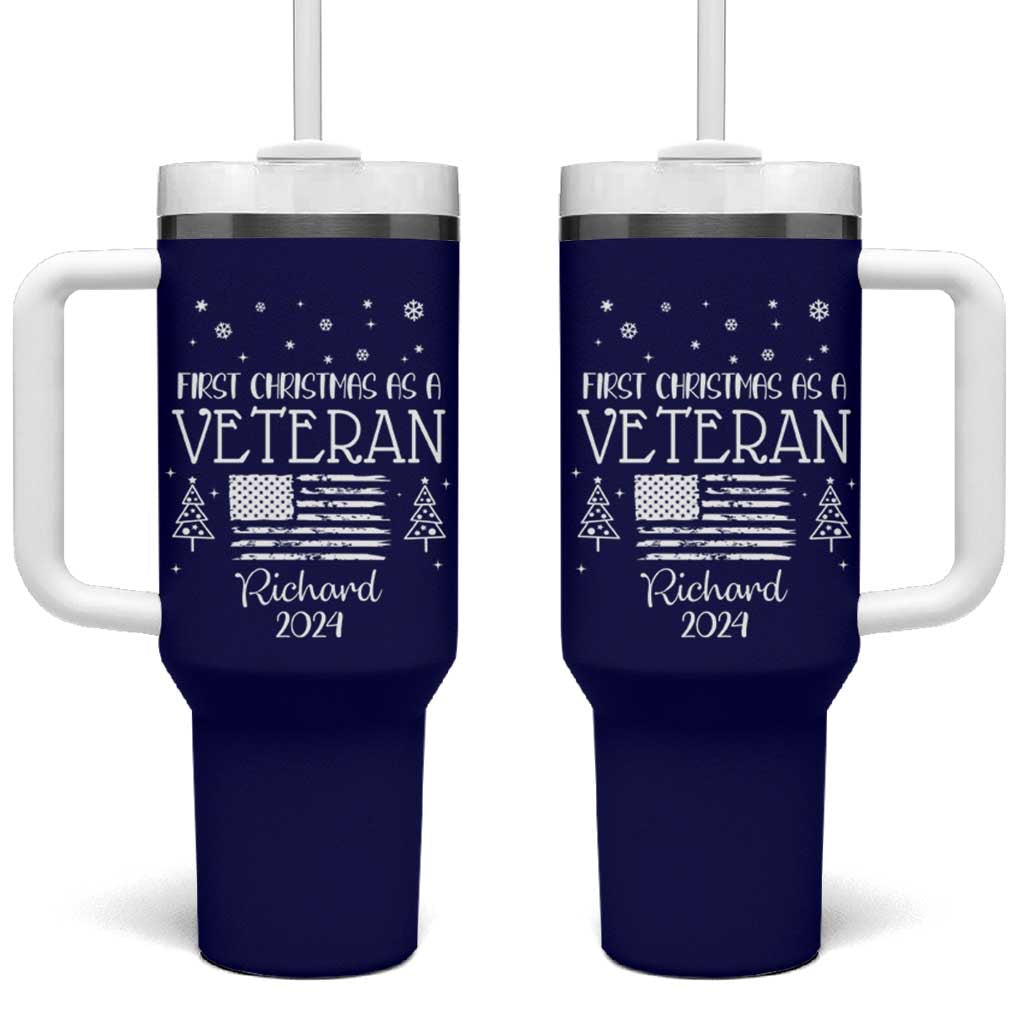 Personalized First Christmas Veteran Tumbler With Handle Custom Name Military Retirement Gift American Flag Navy - Wonder Print Shop