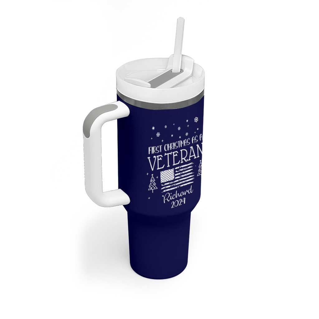 Personalized First Christmas Veteran Tumbler With Handle Custom Name Military Retirement Gift American Flag Navy - Wonder Print Shop
