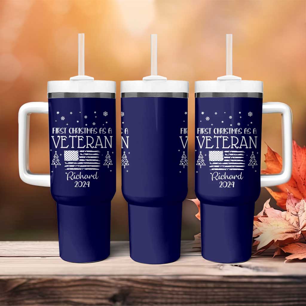 Personalized First Christmas Veteran Tumbler With Handle Custom Name Military Retirement Gift American Flag Navy - Wonder Print Shop