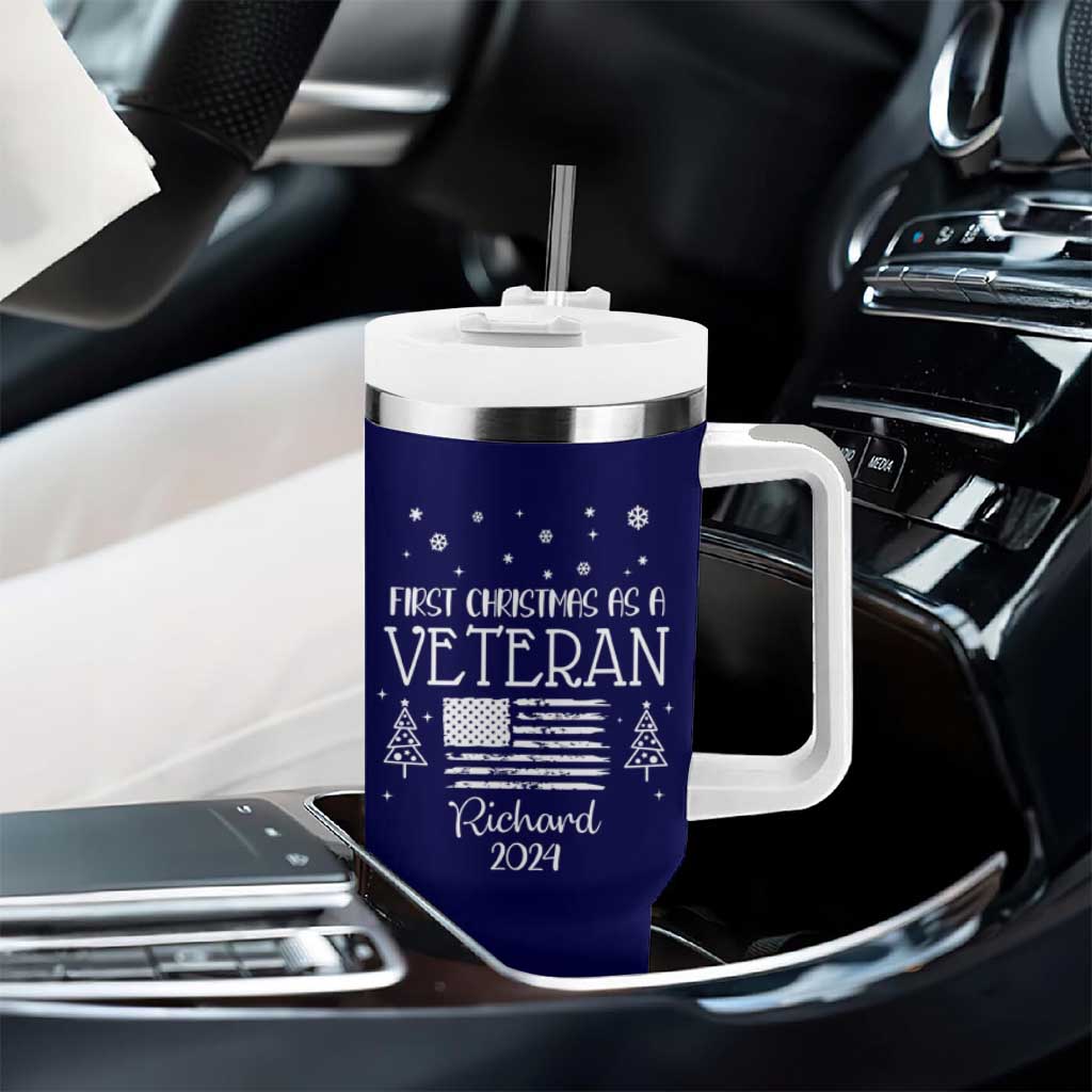 Personalized First Christmas Veteran Tumbler With Handle Custom Name Military Retirement Gift American Flag Navy - Wonder Print Shop