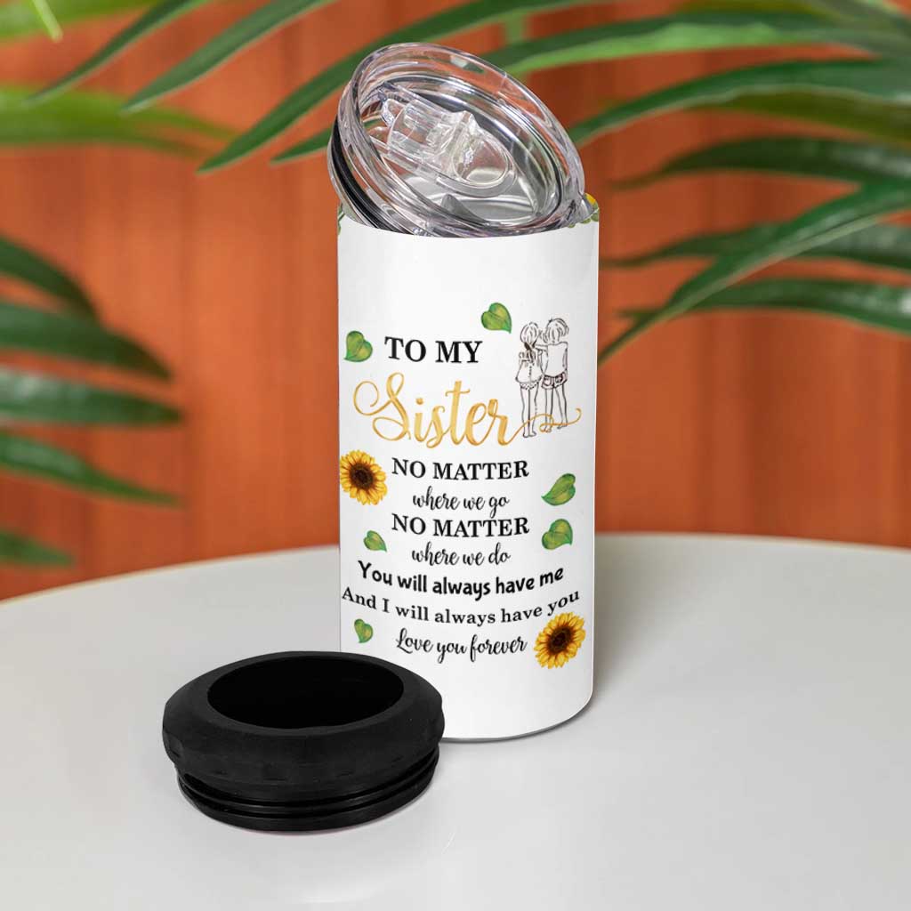 Sister Gifts 4 in 1 Can Cooler Tumbler Send Love To My Sister Missing You Sunflower