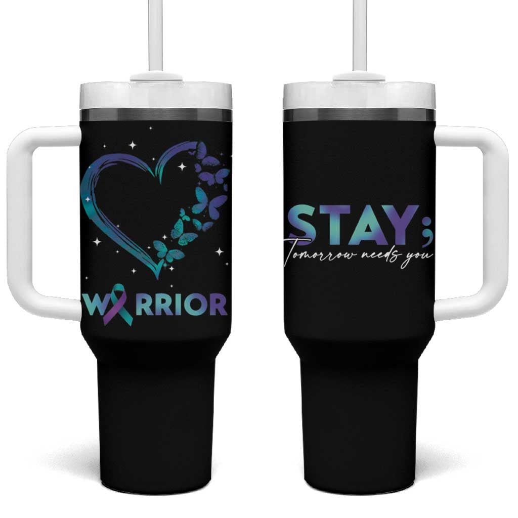 Suicide Prevention Awareness Tumbler With Handle Teal Purple Ribbon Semicolon Stay Tomorrow Needs You Warrior - Wonder Print Shop