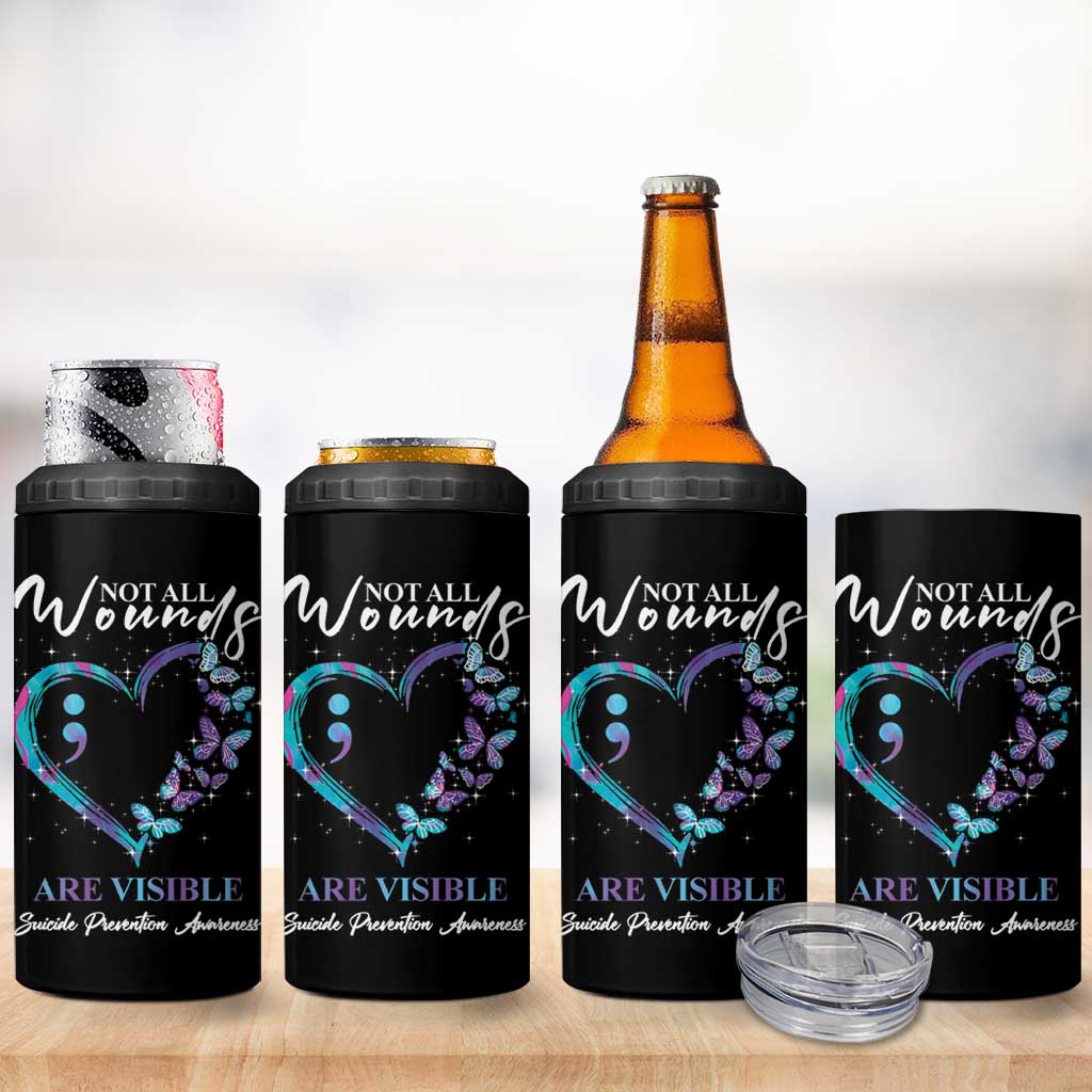 Suicide Prevention Awareness 4 in 1 Can Cooler Tumbler Teal Purple Semicolon Butterfly Not All Wounds Are Visible Mental Health - Wonder Print Shop