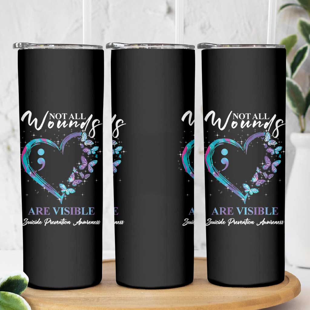 Suicide Prevention Awareness Skinny Tumbler Teal Purple Semicolon Butterfly Not All Wounds Are Visible Mental Health - Wonder Print Shop