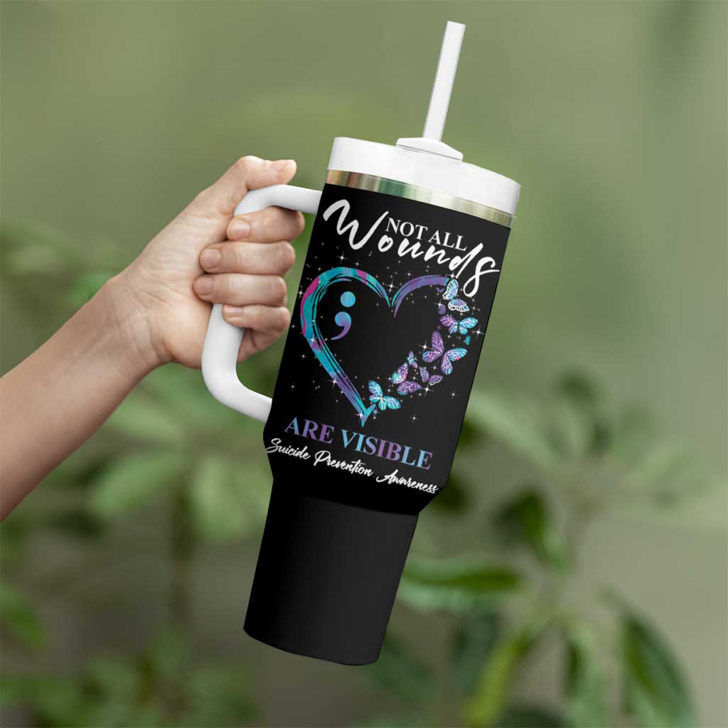 Suicide Prevention Awareness Tumbler With Handle Teal Purple Semicolon Butterfly Not All Wounds Are Visible Mental Health - Wonder Print Shop