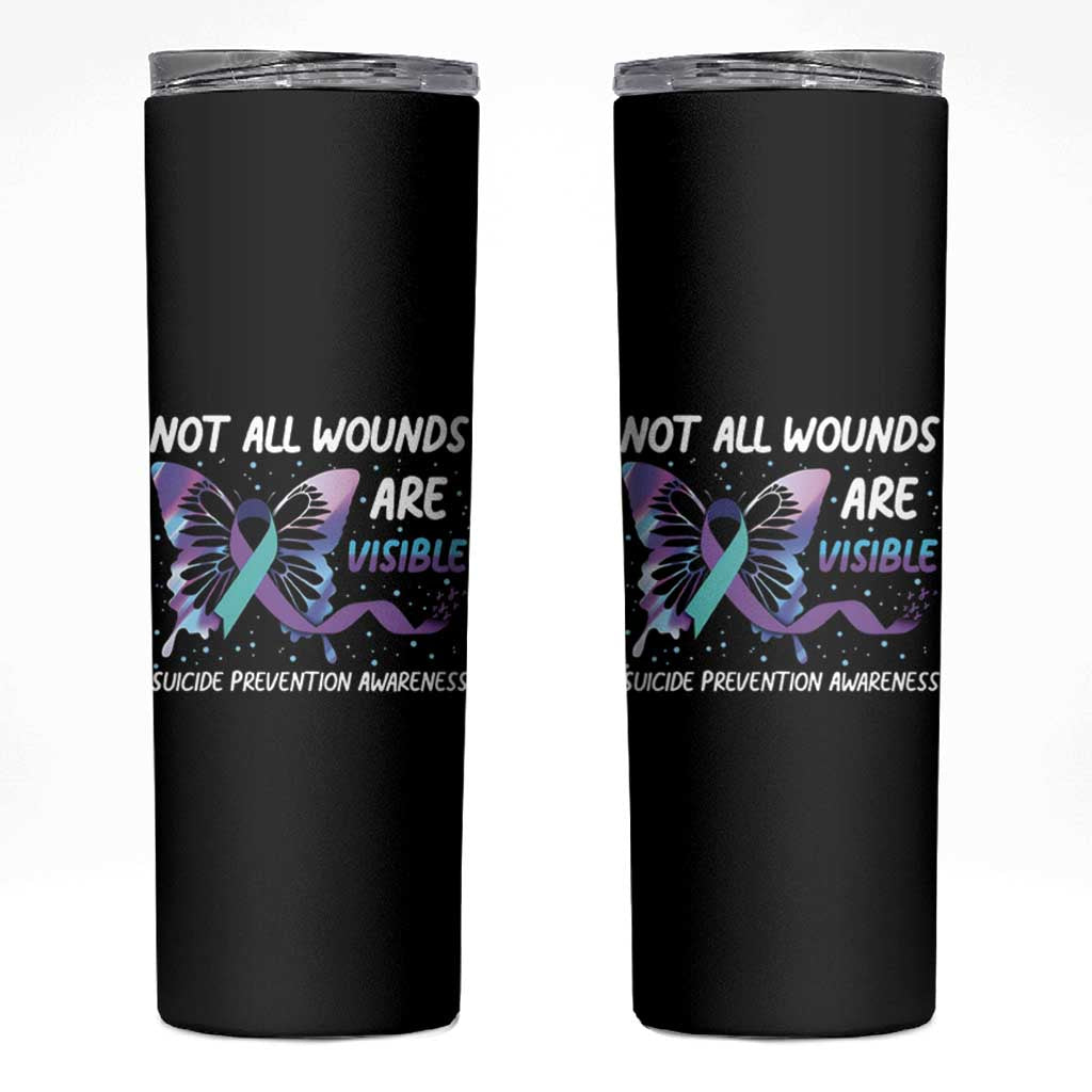 Suicide Prevention Awareness Skinny Tumbler Teal Purple Ribbon Butterfly Not All Wounds Are Visible Mental Health - Wonder Print Shop