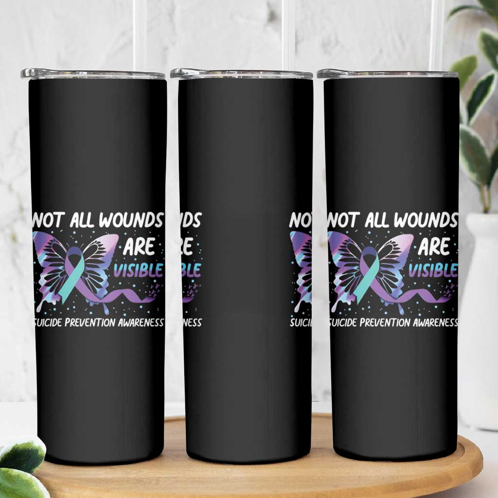 Suicide Prevention Awareness Skinny Tumbler Teal Purple Ribbon Butterfly Not All Wounds Are Visible Mental Health - Wonder Print Shop