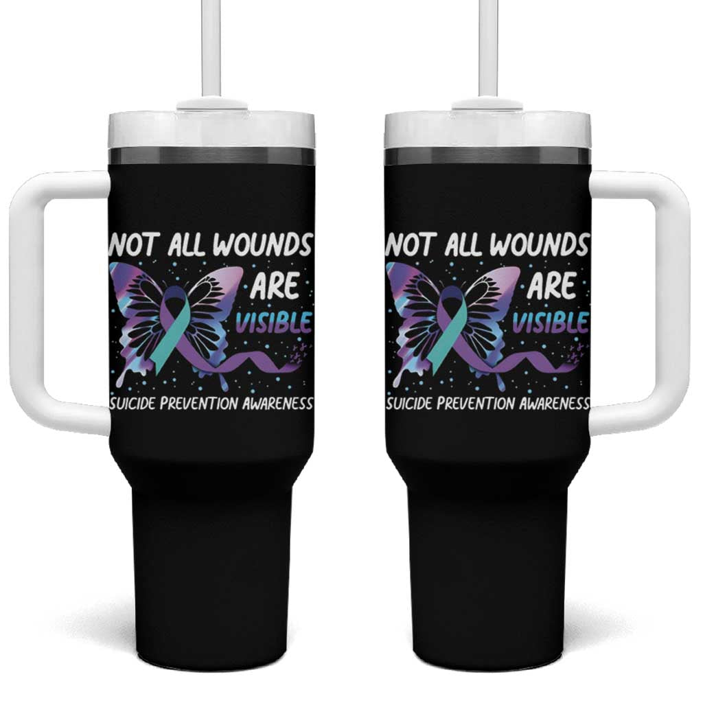Suicide Prevention Awareness Tumbler With Handle Teal Purple Ribbon Butterfly Not All Wounds Are Visible Mental Health - Wonder Print Shop
