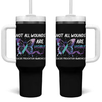 Suicide Prevention Awareness Tumbler With Handle Teal Purple Ribbon Butterfly Not All Wounds Are Visible Mental Health - Wonder Print Shop