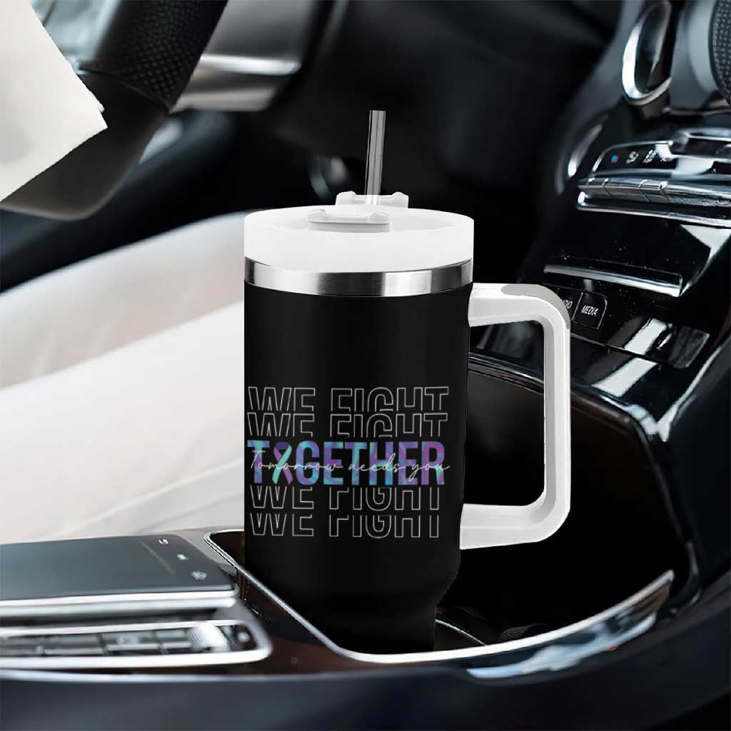 Suicide Prevention Awareness Tumbler With Handle Teal Purple Ribbon We Fight Together Mental Health - Wonder Print Shop