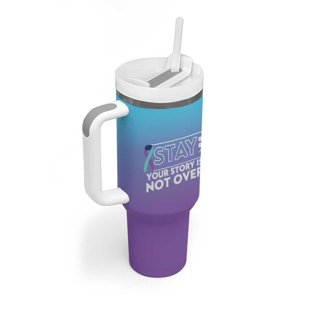 Suicide Prevention Awareness Tumbler With Handle Teal Purple Ribbon Semicolon Stay Your Story Is Not Over - Wonder Print Shop