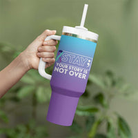 Suicide Prevention Awareness Tumbler With Handle Teal Purple Ribbon Semicolon Stay Your Story Is Not Over - Wonder Print Shop