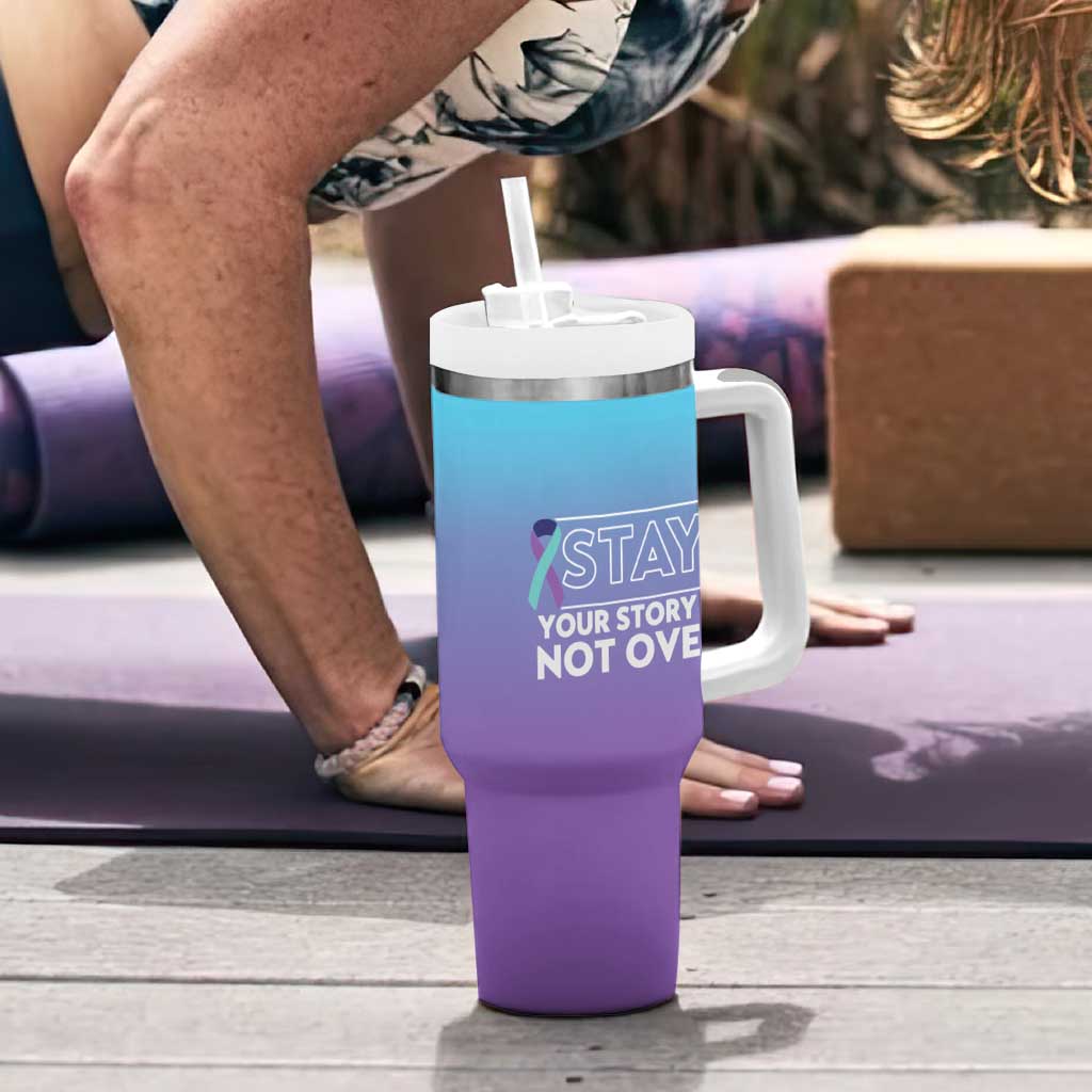 Suicide Prevention Awareness Tumbler With Handle Teal Purple Ribbon Semicolon Stay Your Story Is Not Over - Wonder Print Shop
