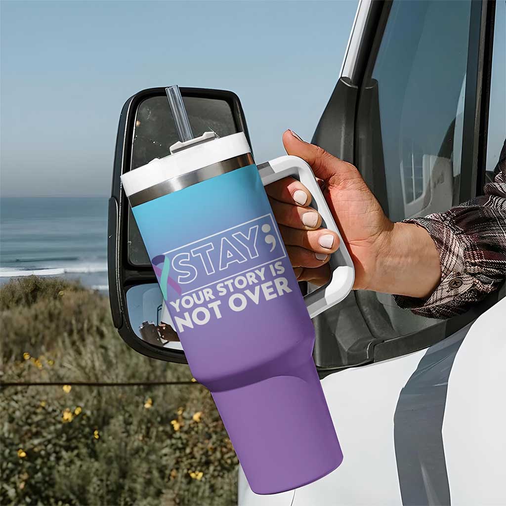 Suicide Prevention Awareness Tumbler With Handle Teal Purple Ribbon Semicolon Stay Your Story Is Not Over - Wonder Print Shop