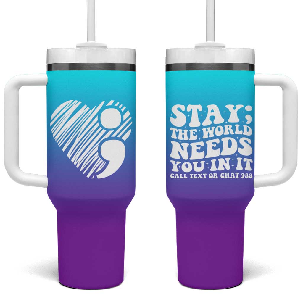 Suicide Prevention Awareness Tumbler With Handle Teal Purple Ribbon Stay World Needs You Call 988 Mental Health Groovy - Wonder Print Shop