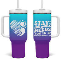 Suicide Prevention Awareness Tumbler With Handle Teal Purple Ribbon Stay World Needs You Call 988 Mental Health Groovy - Wonder Print Shop