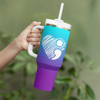 Suicide Prevention Awareness Tumbler With Handle Teal Purple Ribbon Stay World Needs You Call 988 Mental Health Groovy - Wonder Print Shop