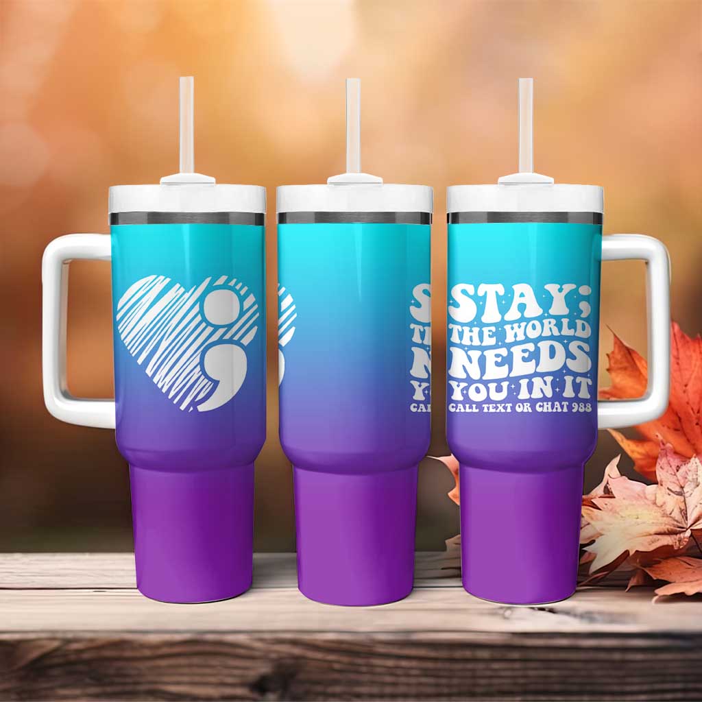 Suicide Prevention Awareness Tumbler With Handle Teal Purple Ribbon Stay World Needs You Call 988 Mental Health Groovy - Wonder Print Shop