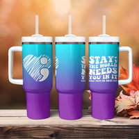 Suicide Prevention Awareness Tumbler With Handle Teal Purple Ribbon Stay World Needs You Call 988 Mental Health Groovy - Wonder Print Shop